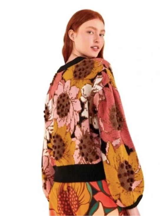 FARM Rio Sweaters - Farm Rio Sweater Women XL Floral Embroidered Sunflower Pom Pom Pink Brown Yellow